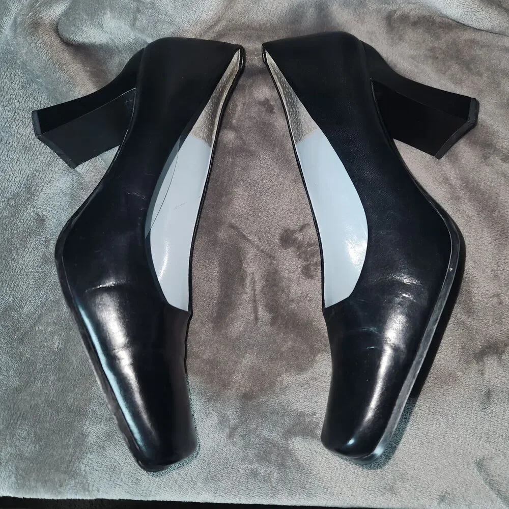 Y2K Nine West No-Aragon2 Leather Black Womens 10M Chunky Block Heel Square Toe - Picture 4 of 9